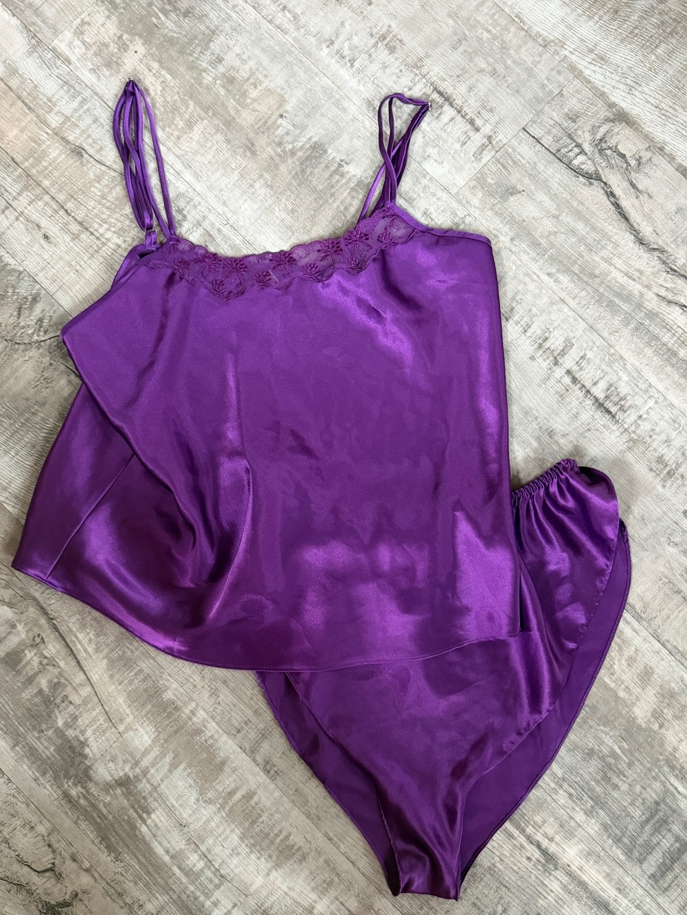Cabernet Purple Satin Lace-Trim Cami & Brief Set vintage Sz L
